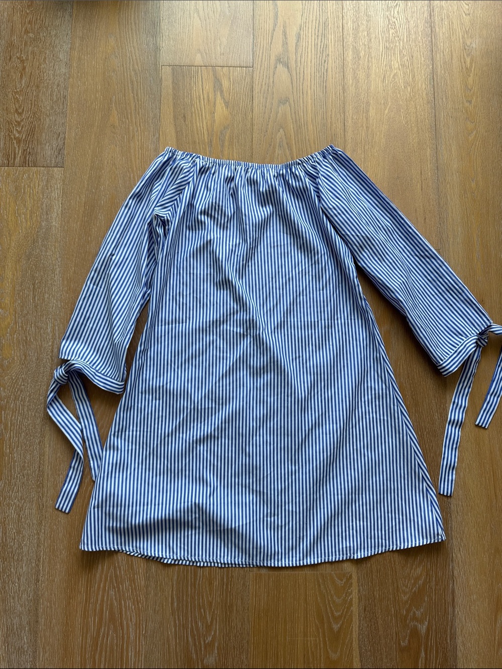 Highness Off-Shoulder Blue & White Striped Tie-Sleeve Dress